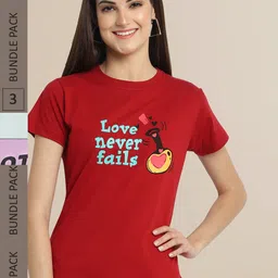 Fabflee Women Maroon & Lavender Pack of 3 Graphic Printed Cotton T-shirt-image-80