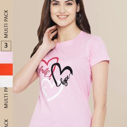 Fabflee Women Pink & Orange Pack of 3 Graphic Printed Cotton T-shirt-image-68
