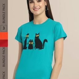 Fabflee Women Blue & Orange Pack Of 3 Printed Cotton T-shirts-image-33