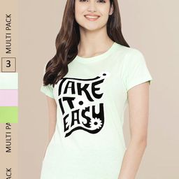 Fabflee Women Pink & Green Pack of 3 Graphic Printed Cotton T-shirt-image-88
