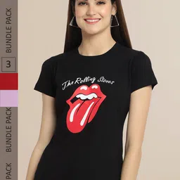 Fabflee Women Black & Maroon Pack Of 3 Printed Cotton T-shirts-image-29