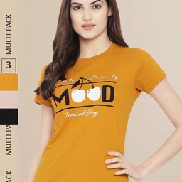 Fabflee Women Mustard Yellow & Black Pack of 3 Graphic Printed Cotton T-shirt-picture-17