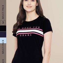 Fabflee Women Navy Blue & Black Pack of 3 Graphic Printed Cotton T-shirt-image-108