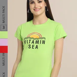 Fabflee Pack Of 3 Women Lime Typography Printed Cotton T-shirts-image-46