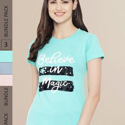 Fabflee Women Blue & Grey Typography Pack of 3 Printed Cotton T-shirt-image-85