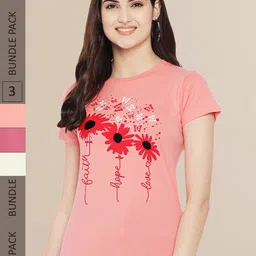 Fabflee Women Peach-Coloured & Pink Pack of 3  Printed Cotton T-shirt-11