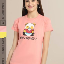 Fabflee Women Pink & Yellow Pack Of 2 Cotton Printed T-shirt-image-101