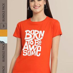 Fabflee Women Orange & Mustard Yellow Typography Pack Of 3 Printed Cotton T-shirts-image-98