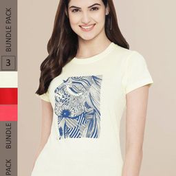 Fabflee Women Red & Yellow Pack of 3 Printed Cotton T-shirt-image-117