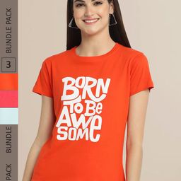 Fabflee Women Pack of 3 Cotton Printed Typography T-shirt-image-27