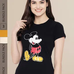 Fabflee Women Black & Mustard Yellow Pack of 3 Graphic Printed Cotton T-shirt-image-96