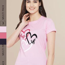 Fabflee Women Pink & Navy Blue Pack of 3 Graphic Printed Cotton T-shirt-image-97