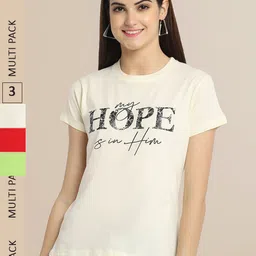 Fabflee Women Beige & Red Typography Pack of 3 T-shirt-26