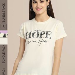 Fabflee Cream & Lavender Pack Of 3 Typography Printed T-shirts-image-60