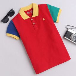 Yellow Apple Boys Colourblocked Polo Collar Cotton T-shirt-image-26