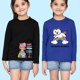 NUSYL Girls Black & Blue Pack of 2 Graphic Printed T-shirts-image-33