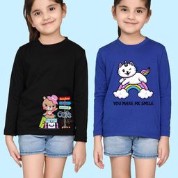 NUSYL Girls Black & Blue Pack of 2 Graphic Printed T-shirts-image-39