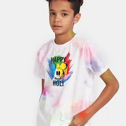 BONKIDS Boys White  Happy Holi Disney Round Neck T-shirt-image-4