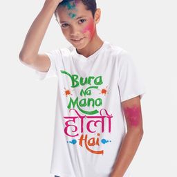 BONKIDS Boys White Holi Typography Printed Cotton T-shirt-image-23