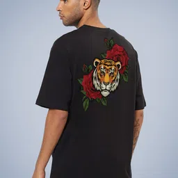 Mad Over Print Rose Tiger Printed Drop-Shoulder Sleeves Cotton Oversized Tshirt-image-40