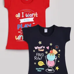 Nottie Planet Girls Pack of 2 Red & Navy Blue Printed T-shirts-image-49