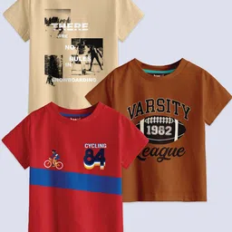 BAESD Boys Pack Of 3 Graphic Printed Short Sleeves Round Neck Pure Cotton T-Shirt-image-78