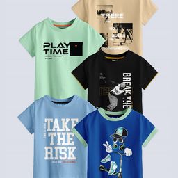 BAESD Boys Pack Of 5 Typography Printed Pure Cotton T-shirt-image-102