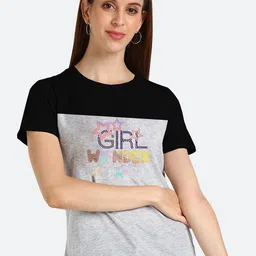 shashvi Women Grey & Black Colourblocked Cotton T-shirt-image-63