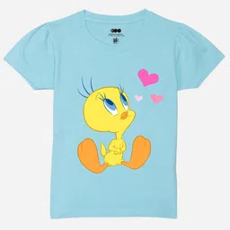 YK Warner Bros Girls Humour and Comic Tweety Printed Puffed Sleeves Pure Cotton T-Shirt-image-88