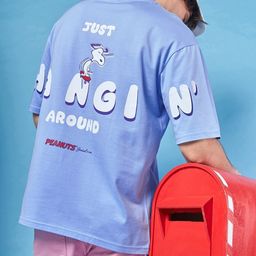 Bewakoof Blue Peanuts Printed Drop-Shoulder Sleeves Oversized Pure Cotton T-shirt-image-96