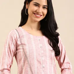 SHOWOFF Women Pink Striped Calf Length Woven Design Peach Round Neck StraightKurta-25