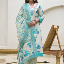 KALINI Floral Printed Embroidered Pure Cotton Straight Kurta With Palazzos & Dupatta-picture-51