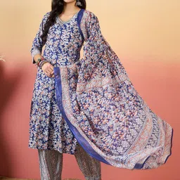 KALINI Women Floral Printed Regular Sequinned Kurta with Trousers & With Dupatta-6