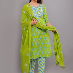 KALINI Ethnic Motifs Printed Mirror Work Pure Cotton Kurta with Trousers & Dupatta-2