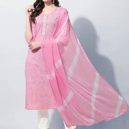 KALINI Women Plus Size Pink Printed Pure Cotton Kurta with Trousers & Dupatta-picture-41