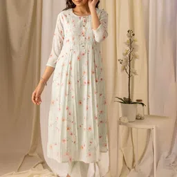 House of Pataudi Turquoise Blue Floral Printed Flared A-Line Kurta With Trouser & Dupatta-image-12