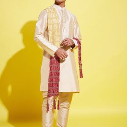 VASTRAMAY Boys Gold-Toned Kurta with Pyjama With Dupatta-23