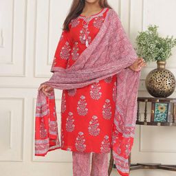KALINI Women Floral Printed Regular Pure Cotton Kurta with Trousers & With Dupatta-picture-57