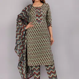 HIGHLIGHT FASHION EXPORT Women Olive Green Floral Printed Pure Cotton Kurta with Trousers & With Dupatta-33