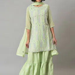 WISHFUL Women Ethnic Motifs Printed Mirror Work Kurta with Sharara & Dupatta-picture-49