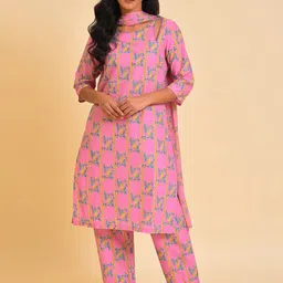 W Pink & Green & Yellow Floral Printed Pure Cotton Kurta With Trousers & Dupatta-picture-15