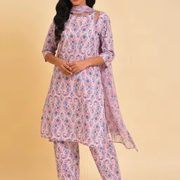 W Pink & Navy Blue Floral Printed Thread Work Pure Cotton Kurta With Trousers & Dupatta-picture-29