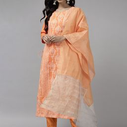 Indo Era Women Floral Printed Chanderi Silk Kurta with Trousers & With Dupatta-image-22