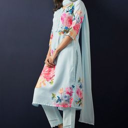 Indo Era Floral Printed Regular Linen Straight Kurta With Trousers & Dupatta-54