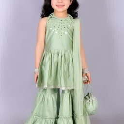 LIL DRAMA Girls Yoke Design Regular Mirror Work Kurta with Sharara & Dupatta-image-27