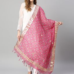 Dupatta Bazaar Pink & Gold-Toned Ikat Printed Ikat Dupatta with Gotta Patti-10