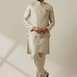 Twamev Mandarin Collar Sequinned Regular Satin Kurta With Churidar & Nehru jacket-image-28