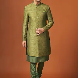 KISAH KISAH Self-Design Mandarin Collar Kurta Sherwani Churidar Set-image-28