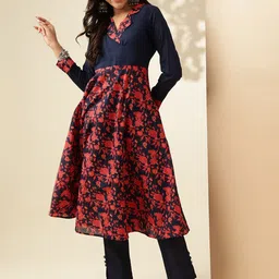 Anouk Floral Printed Shawl Collar Long Sleeves Angrakha Pure Cotton Kurta with Trousers-16
