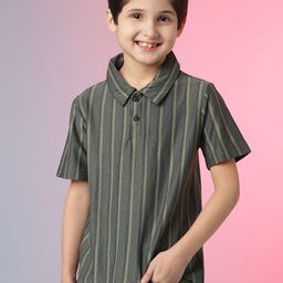Instafab Boys Olive Green Striped Polo Collar T-shirt-image-15